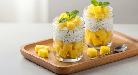 Chia seeds pudding with mango slices in glass jars on wooden trayの素材
