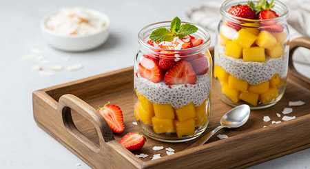 Chia seed pudding with mango and strawberries in a glass jar on a wooden trayの素材