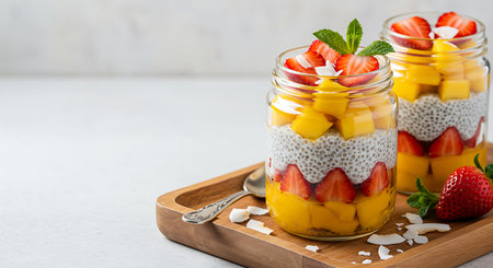 Chia pudding with mango, strawberries and coconut in a glass jar on a white background.の素材
