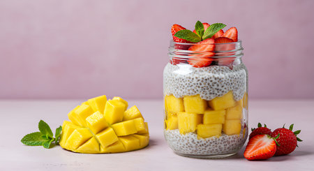 Chia seed pudding with mango, strawberries and mint in a glass jar on a white wooden table.の素材