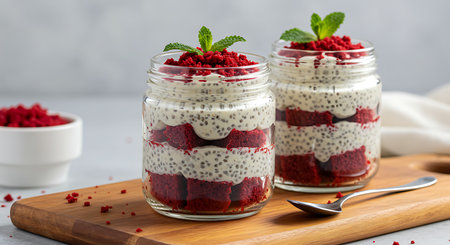 Chia seed pudding with raspberries and mint in glass jarsの素材