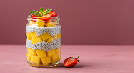 Chia pudding with mango and strawberries in glass jar on pink backgroundの素材