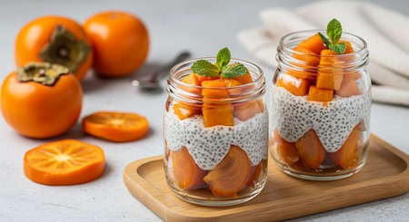 Chia seed pudding with persimmon and mint in glass jarsの素材