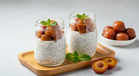 Chia seed pudding with apricot and mint in glass jarsの素材