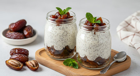 Chia pudding with dates and mint in a glass jar on a light backgroundの素材