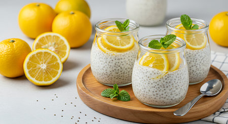 Chia seed pudding with lemon and mint in a glass jar.の素材