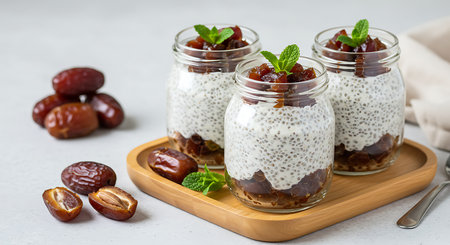 Chia seed pudding with dates in glass jars on a light backgroundの素材