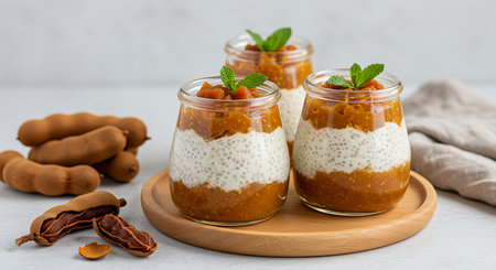 Tamarind dessert in a glass jar on a light background.の素材