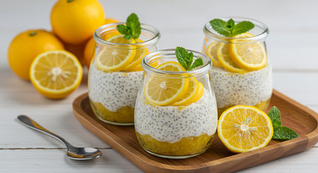 Chia seed pudding with lemon and mint in a glass jar.の素材