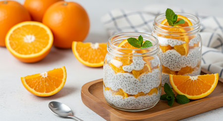 Chia seed pudding with orange and mint in a glass jar on a light background.の素材