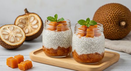 Chia pudding with mango and chia seeds in a glass jarの素材