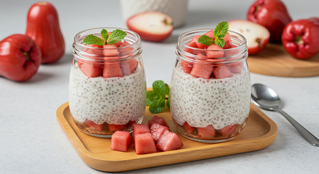 Chia seed pudding with watermelon and chia seeds in glass jarsの素材