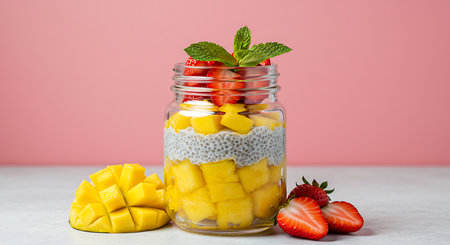 Chia seed pudding with mango and strawberries in glass jar on pink backgroundの素材