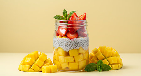 Chia pudding with strawberries and mango in glass jar on yellow backgroundの素材