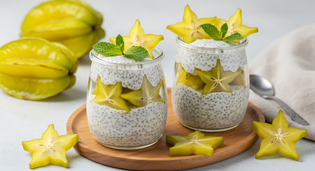 Chia seed pudding with carambola and banana in a glassの素材