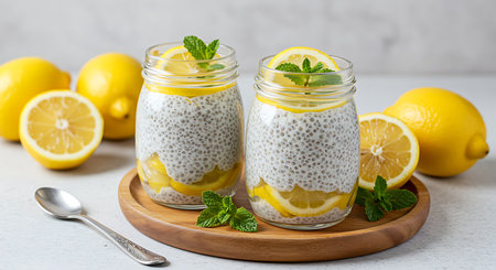 Chia seed pudding with lemon and mint in a glass jar.の素材