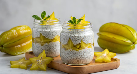 Chia seed pudding with carambola and banana in a glass jarの素材