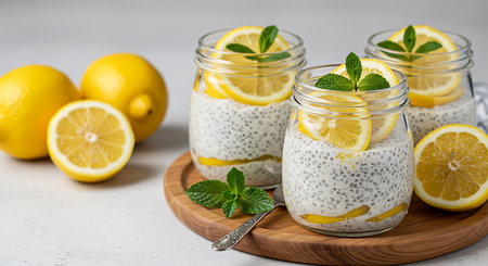 Chia seed pudding with lemon and mint in a glass jar.の素材