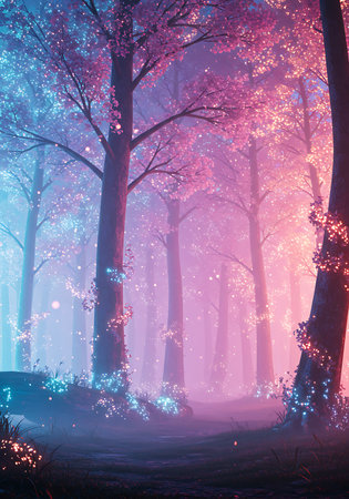 Foggy forest at night, 3D illustration with magic effectの素材