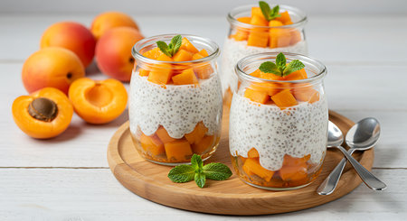 Chia pudding with apricots and mint in a glass jarの素材