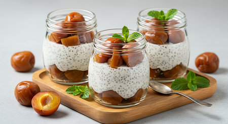 Chia pudding with dried apricots and chia seeds in glass jarsの素材
