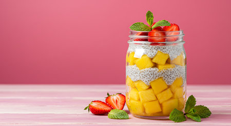 Chia pudding with mango, strawberries and mint in glass jar on pink backgroundの素材