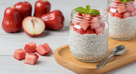 Chia seed pudding with watermelon in glass jar on wooden tableの素材