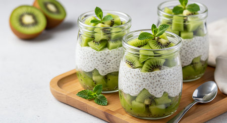 Chia seed pudding with kiwi and mint in glass jars on white background.の素材