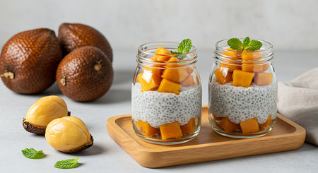 Chia pudding with mango and coconut in a glass jar on a light backgroundの素材