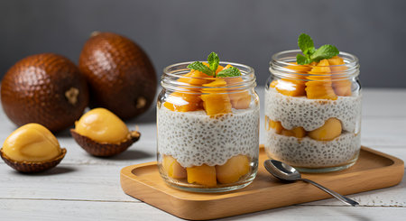 Chia seed pudding with mango in a glass jar on wooden backgroundの素材
