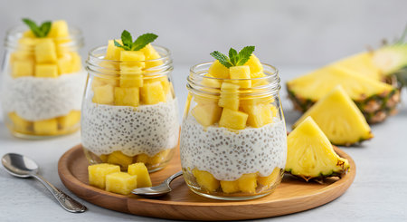 Chia seeds pudding with mango and pineapples in glass jars.の素材