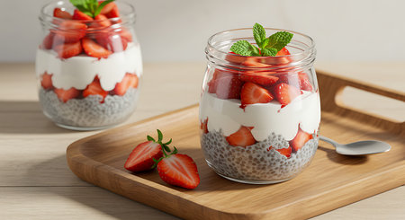 Chia seed pudding with strawberries in a glass jar on wooden backgroundの素材