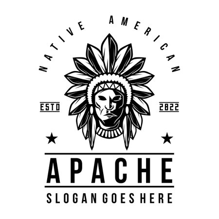 Apache Indian Man Logo vintage style chief mascot design character black and white silhouette vector illustrationのイラスト素材