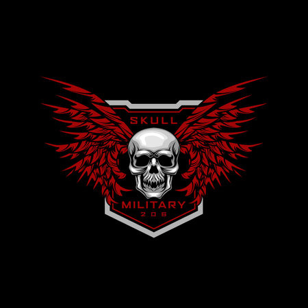 Dark wings Skull Military and Shield vintage design template for labels, emblems, badges or other.のイラスト素材