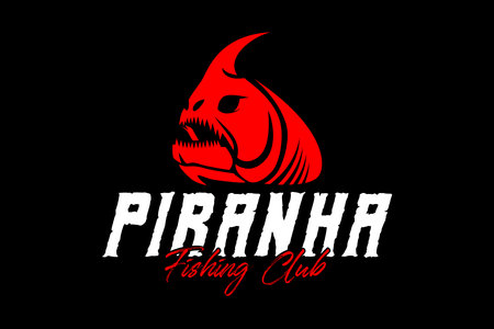 Piranha skeleton fish fishing logo on black dark background. modern vintage rustic logo design. great to use as your any fishing company logo and brandのイラスト素材