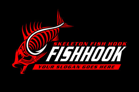 hook and fish skull skeleton in modern vintagelogo design style template on black dark background vector illustrationのイラスト素材