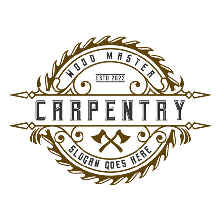 Carpentry Logo Design Label Vintage Badge Wood Work Illustration Vectorのイラスト素材