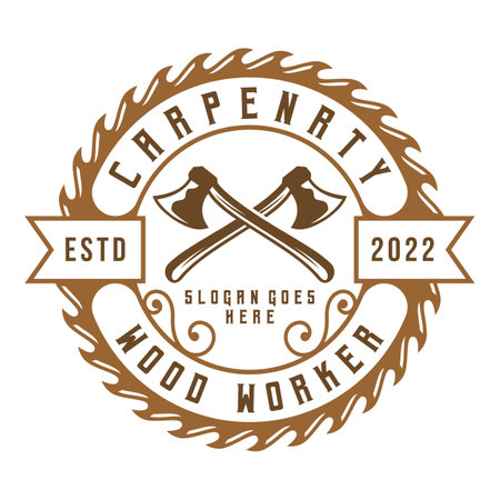 Logo Carpentry Design Label Vintage Badge Wood Work Illustration Vectorのイラスト素材