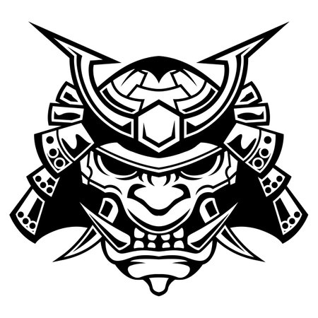 Demon Mask of Samurai Warrior Vector Black And White Logo Helmet illustrationのイラスト素材