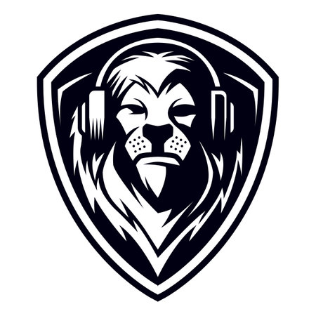 Lion Headset Mascot vector logo black and white design template illustrationのイラスト素材