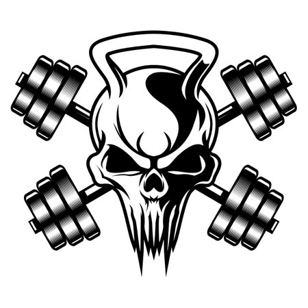 Skull with barbel vector icon symbol mascot vector illustration black and white isolatedのイラスト素材