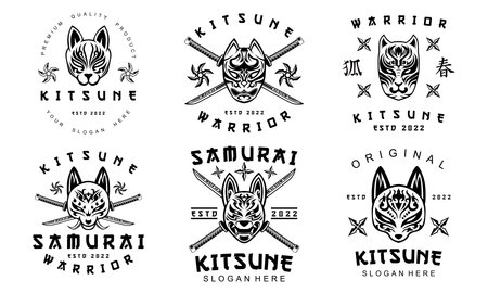 Kitsune Logo Bundle Vintage Style samurai japanesee Wolf Logo in black and white vector illustrationのイラスト素材