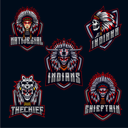 Indian Skull Character set Logo E-sport Mascot Design Bundle Set icon collection vector illustration gaming teamのイラスト素材