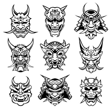 Set of Vintage Samurai Mask vector Bundle elements. Samurai Warrior Design Illustration.のイラスト素材