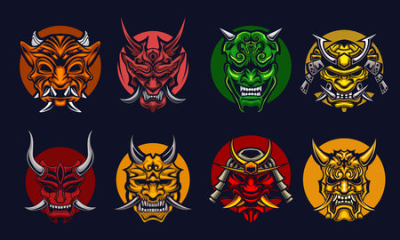 Ronin Logo. Samurai Logo. Onimask Logo Bundle Set Japanese Hanya mask Vector illustration.のイラスト素材