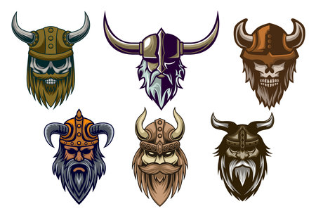 Viking Mascot Logo. Viking Head Old Man And Skull Mascot Logo Design Set Bundle Vector illustrationのイラスト素材