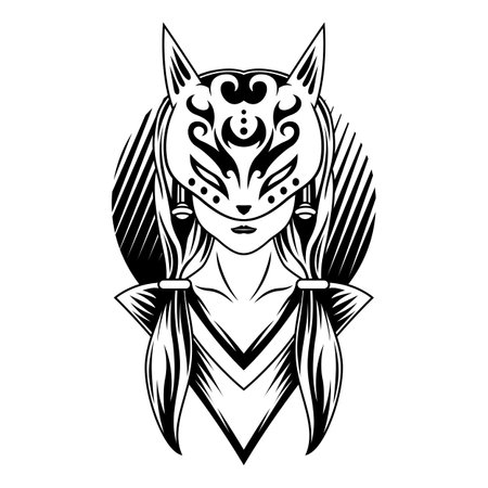 Geisha Japan Girl Kitsune Wolf Mask Black And White Fox Logo vector illustration Templateのイラスト素材