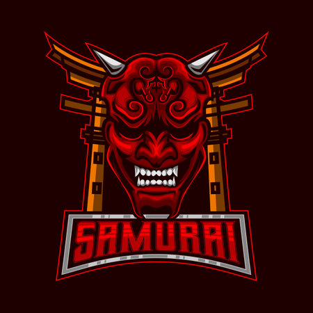 Samurai E-Sport Logo. Mascot Ronin Samurai Mask Angry Face Logo Icon Symbol Vintage Templateのイラスト素材