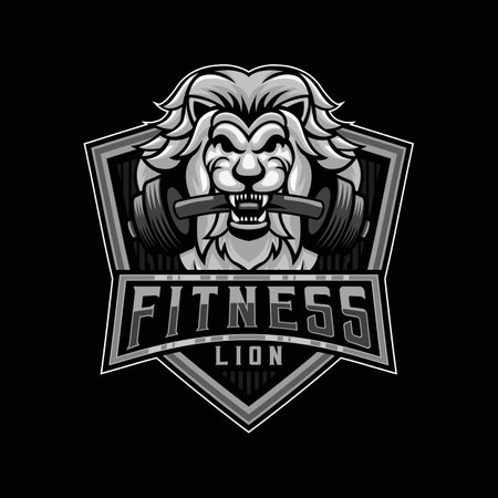 Lion Barbell Gym Logo. lion head while biting the very heavy barbell Vector Mascot Design Template Emblem Vector illustrationのイラスト素材