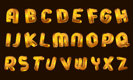 Set of gold isolated alphabet letters. Bright metallic 3D, realistic vector illustrationのイラスト素材